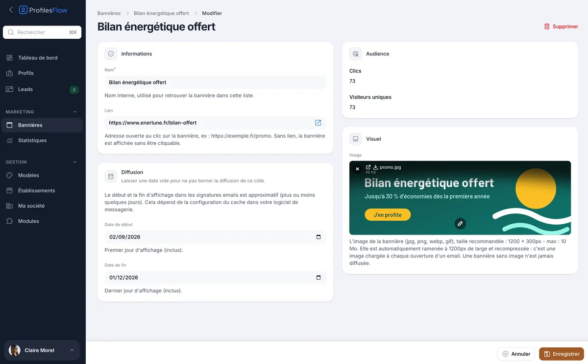 Fiche d'une bannière : lien, dates de diffusion, visuel et audience