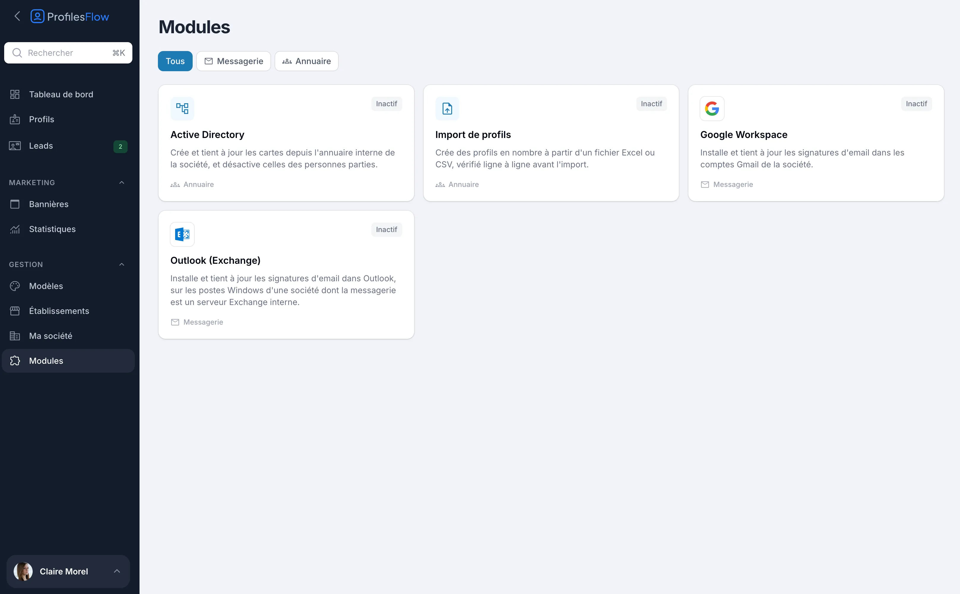 Page Modules : cartes Active Directory, Import de profils, Google Workspace et Outlook (Exchange), avec les filtres Tous, Messagerie et Annuaire