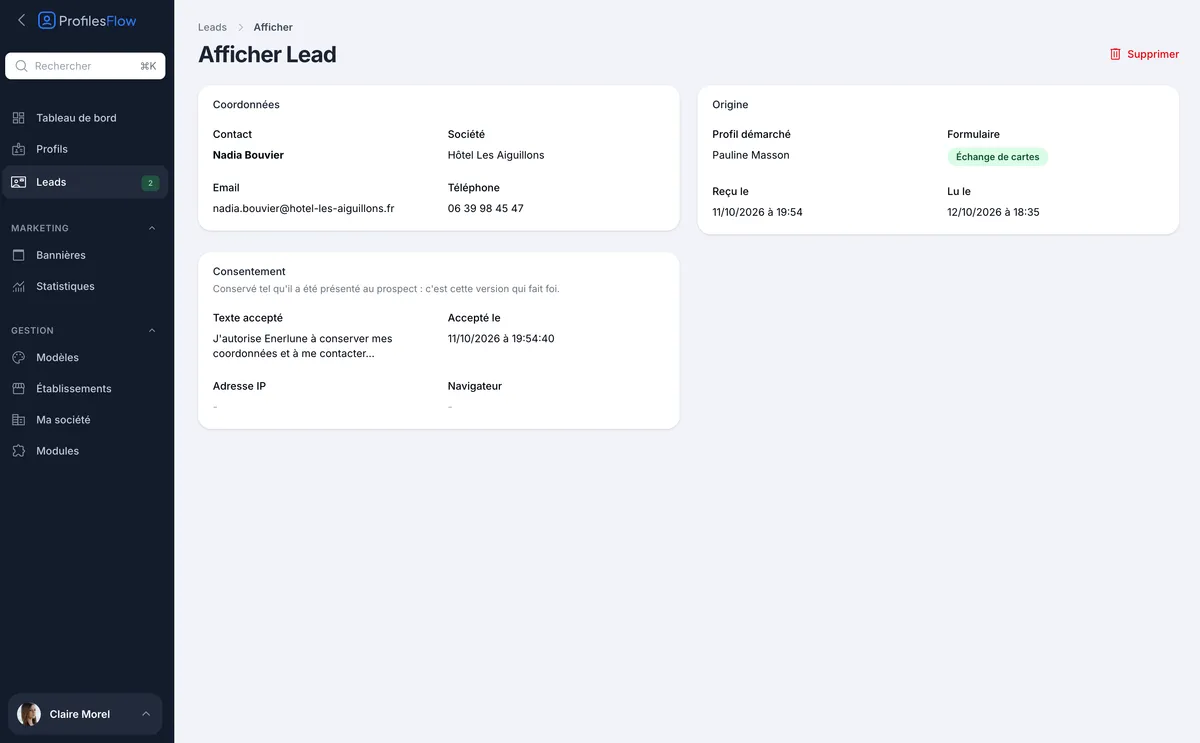 Fiche d'un lead : coordonnées, origine, date de lecture et consentement accepté