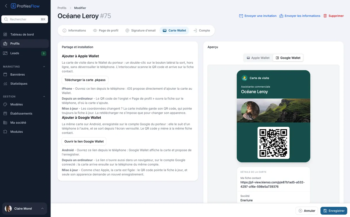 Onglet Carte Wallet d'une fiche : ajout à Apple Wallet et à Google Wallet, avec aperçu