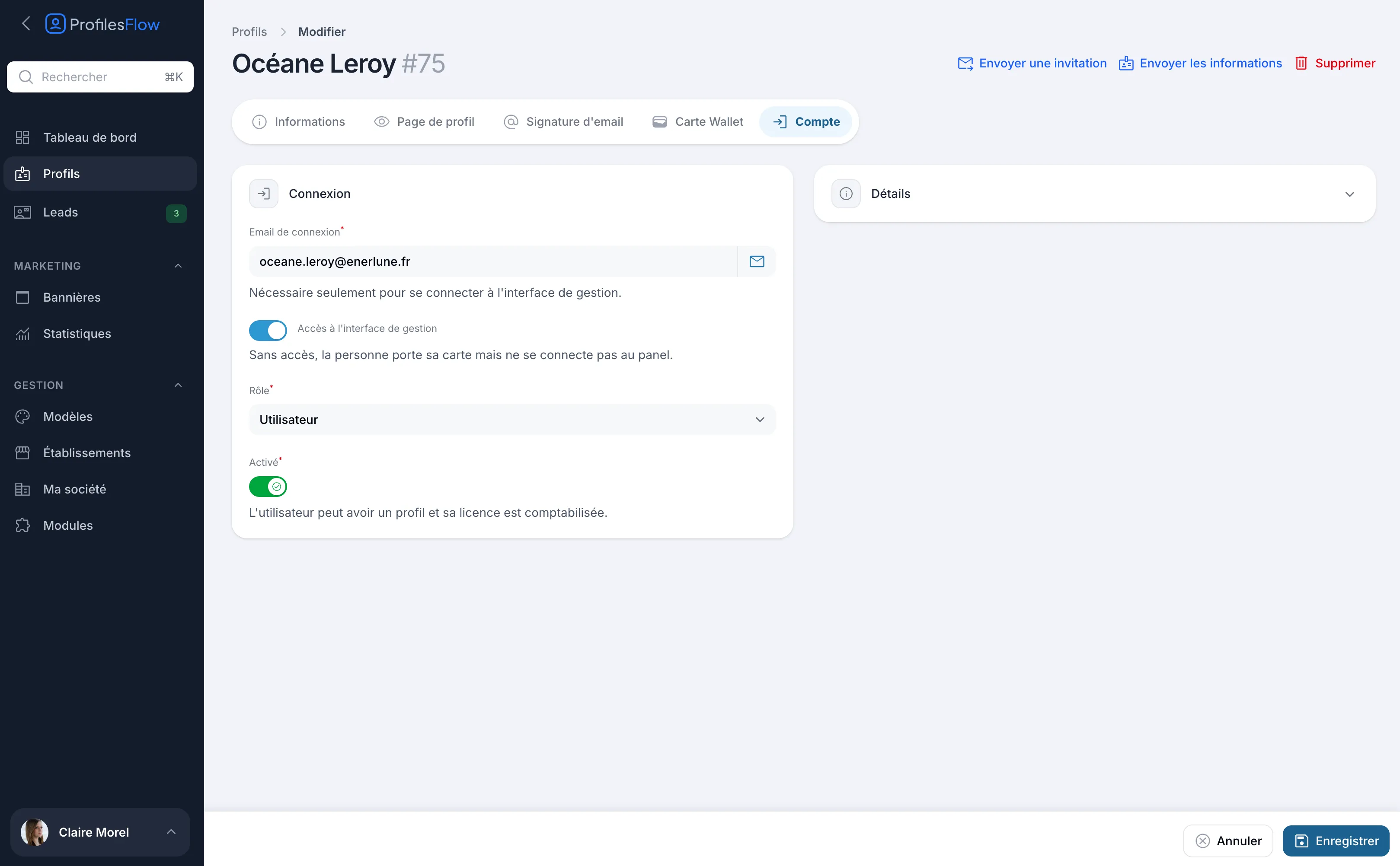 L'onglet Compte d'une fiche : email de connexion, accès à l'interface de gestion, rôle et interrupteur Activé