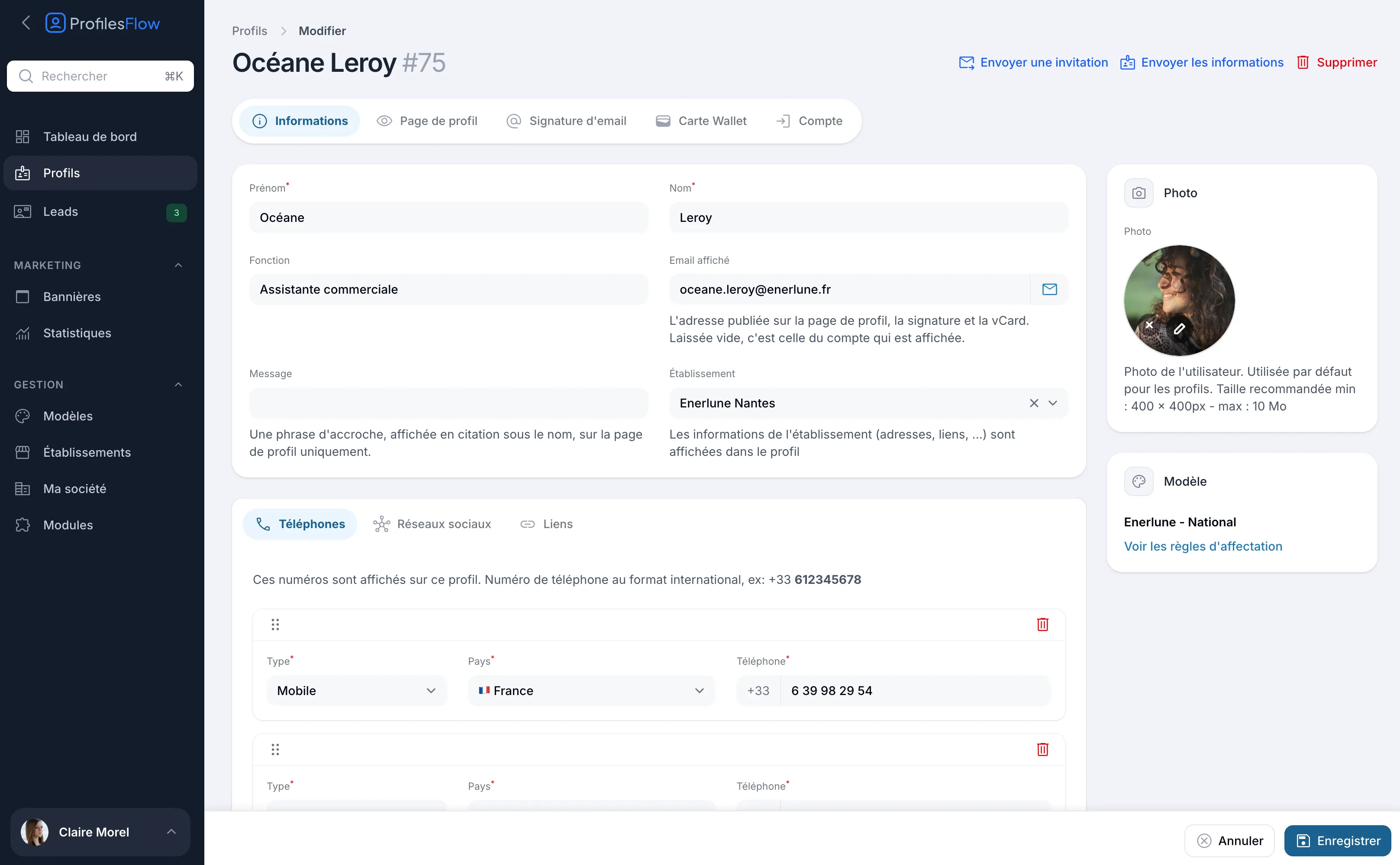 L'onglet Informations d'une fiche profil