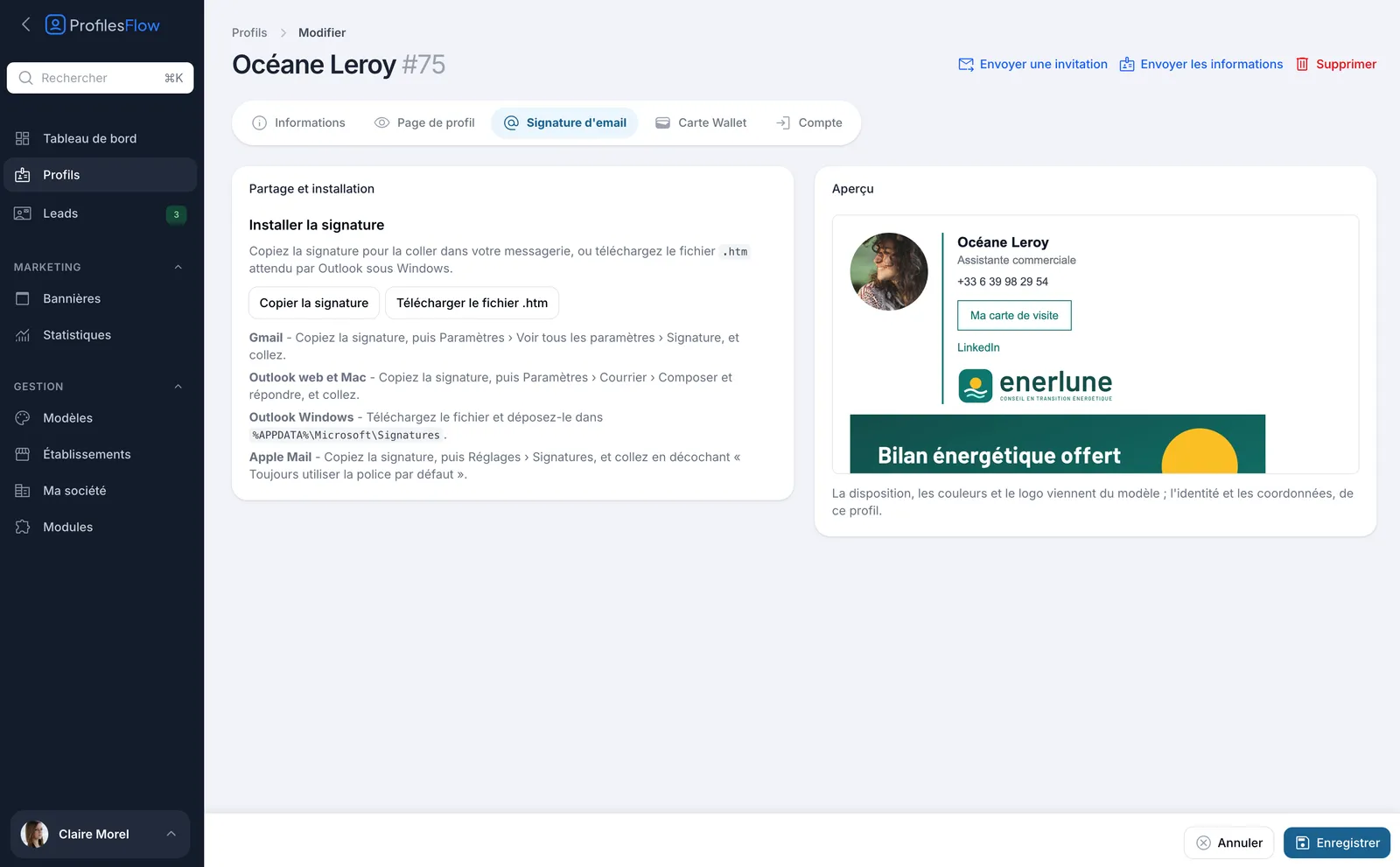 Onglet Signature d'email d'une fiche : copier la signature ou télécharger le fichier pour Outlook