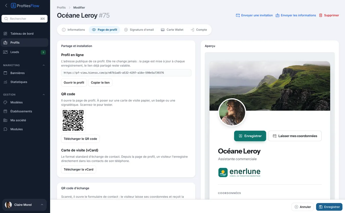 Onglet Page de profil d'une fiche : lien permanent, QR code et vCard à télécharger