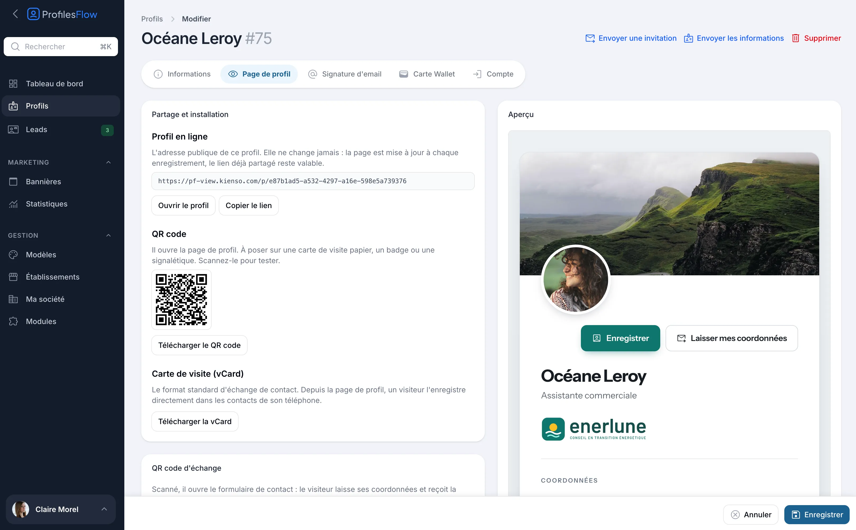 Onglet Page de profil : lien public, QR code et vCard