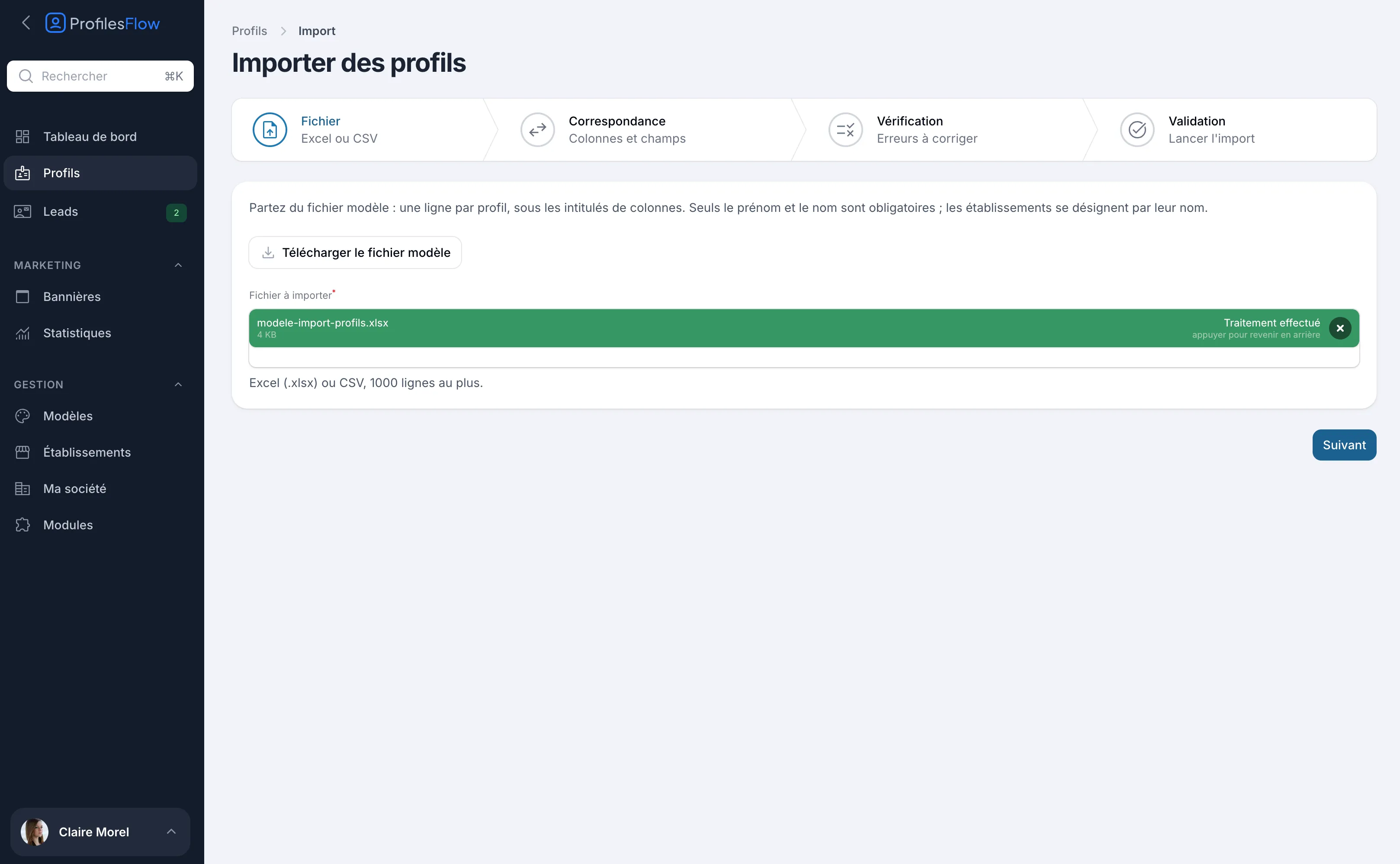 Étape Fichier de l'import : bouton Télécharger le fichier modèle et zone Fichier à importer