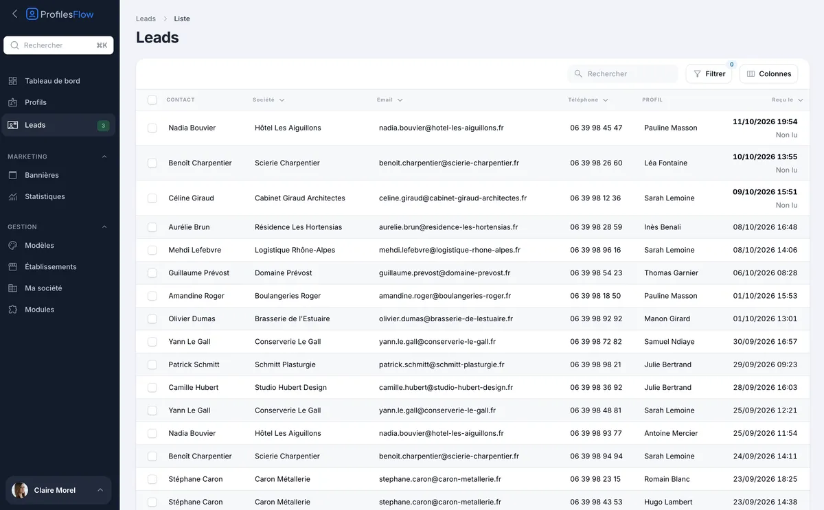 Liste des leads : contact, société, email, téléphone, profil démarché et date de réception