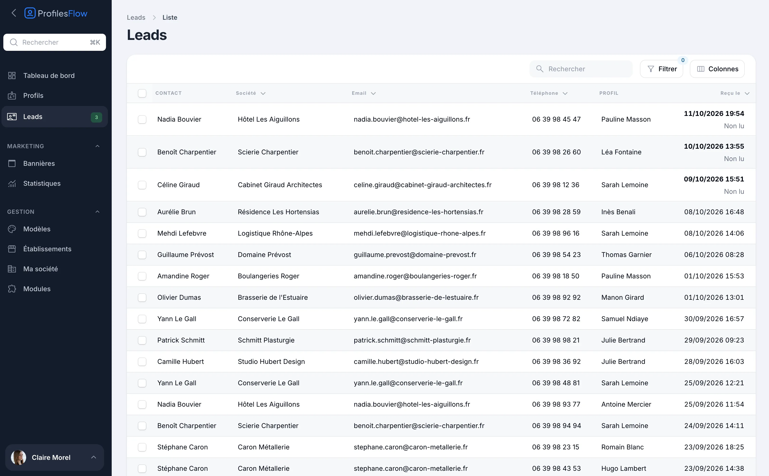 Liste des leads : contact, société, email, téléphone, profil démarché et date de réception, les demandes non lues en tête