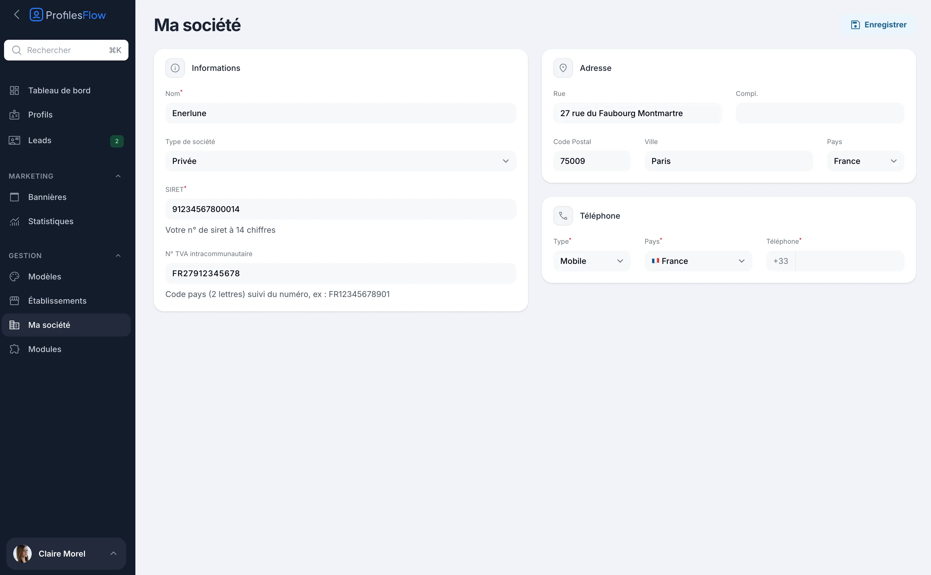 La page Ma société : informations, adresse et téléphone