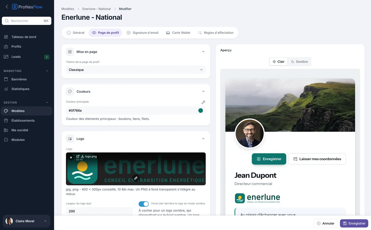 Réglages de la page de profil dans un modèle : thème, couleur principale et logo, avec aperçu