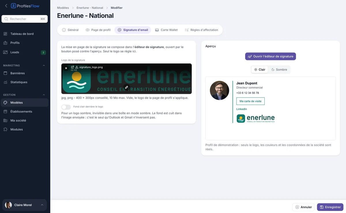 Réglages de la signature dans un modèle : logo, fond clair et aperçu