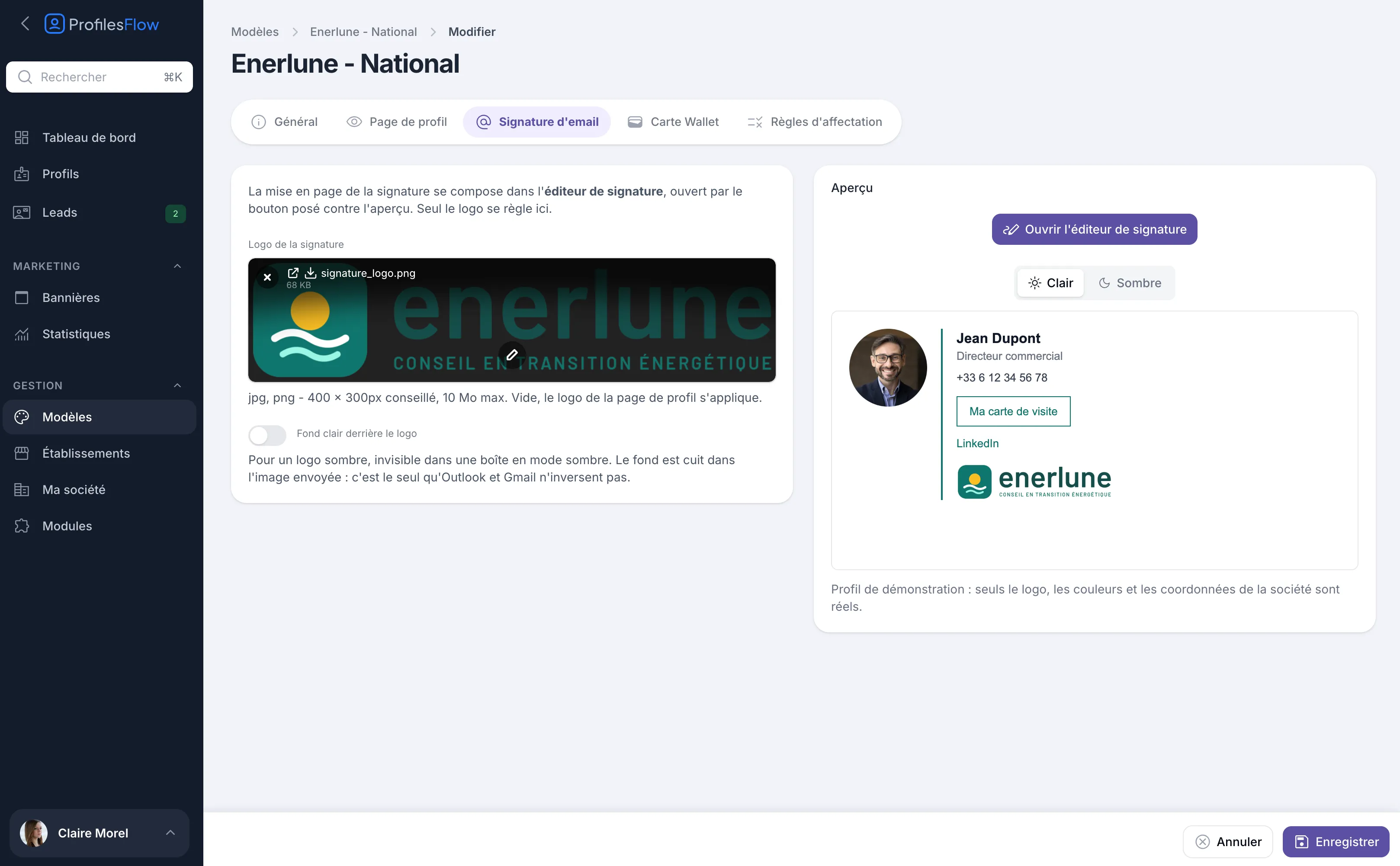 Réglages de signature d'un modèle Profiles Flow