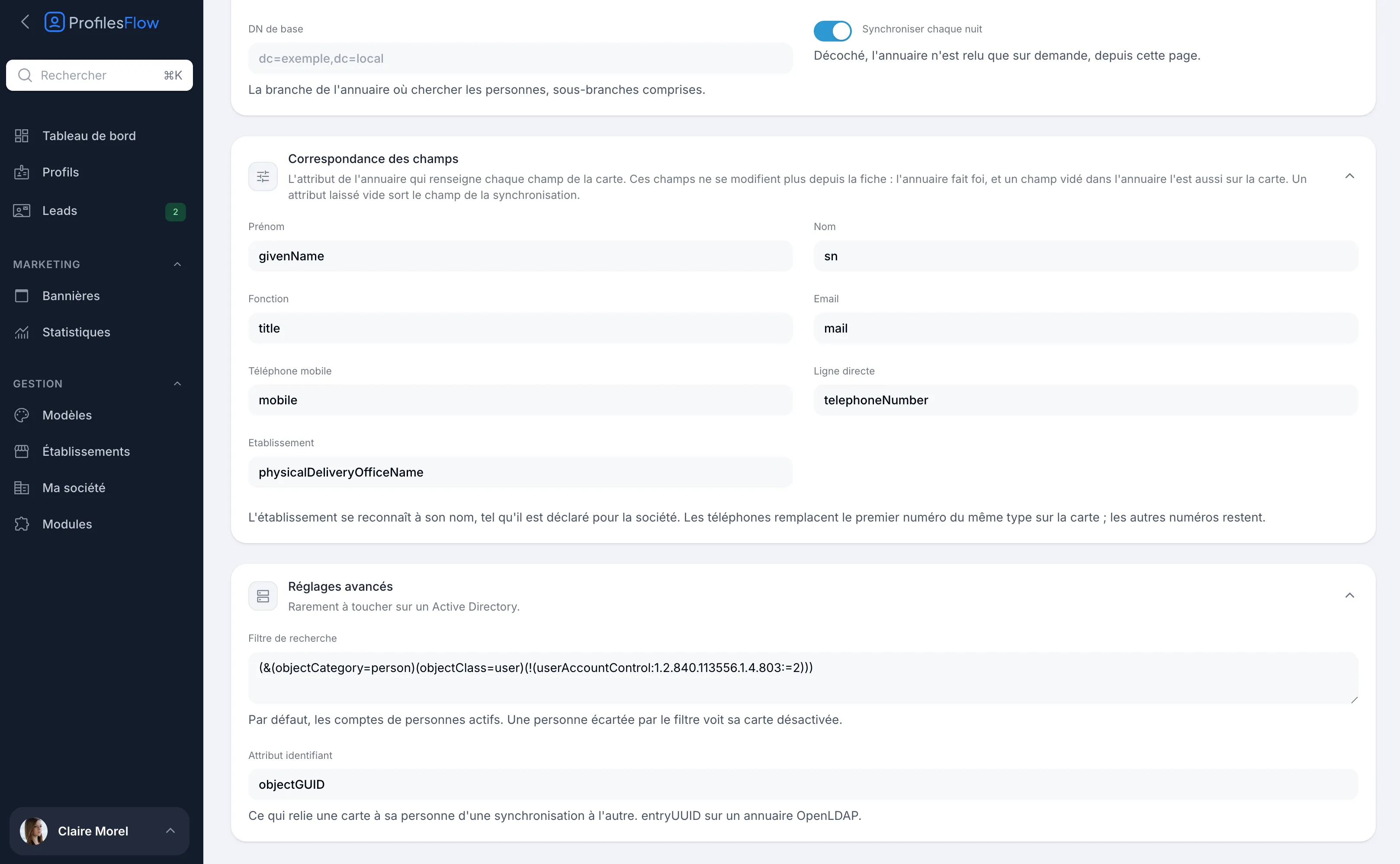 Correspondance des champs et Réglages avancés : filtre de recherche et attribut identifiant