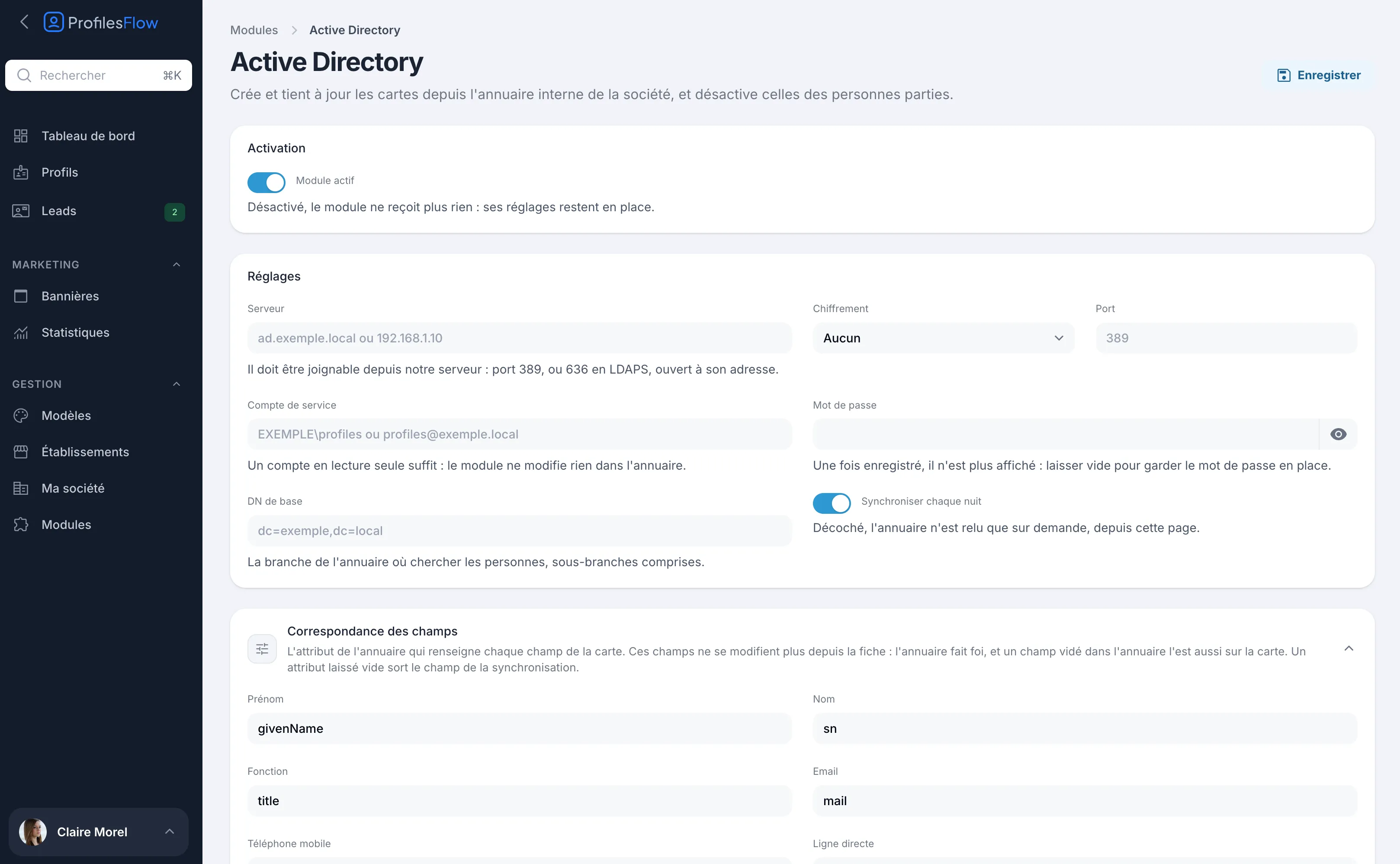 Page du module Active Directory : activation, serveur, chiffrement, port, compte de service, mot de passe, DN de base et synchronisation nocturne