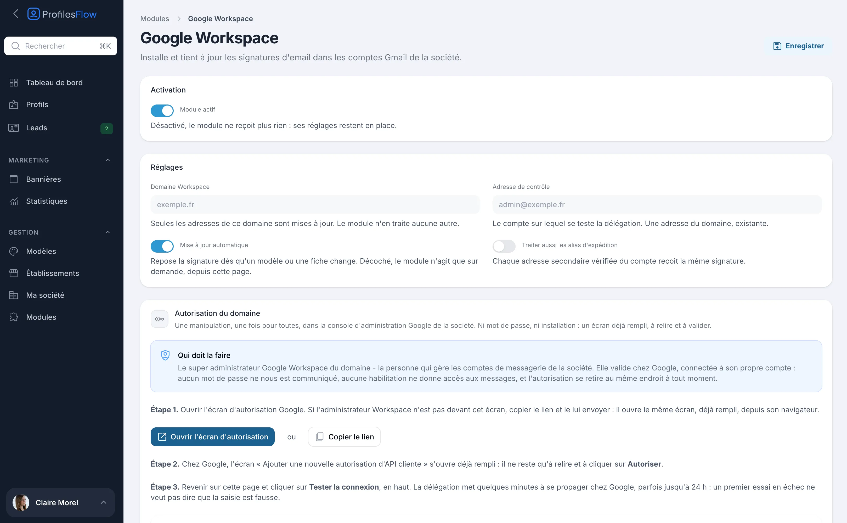 Page du module Google Workspace : activation, réglages et début de la section Autorisation du domaine