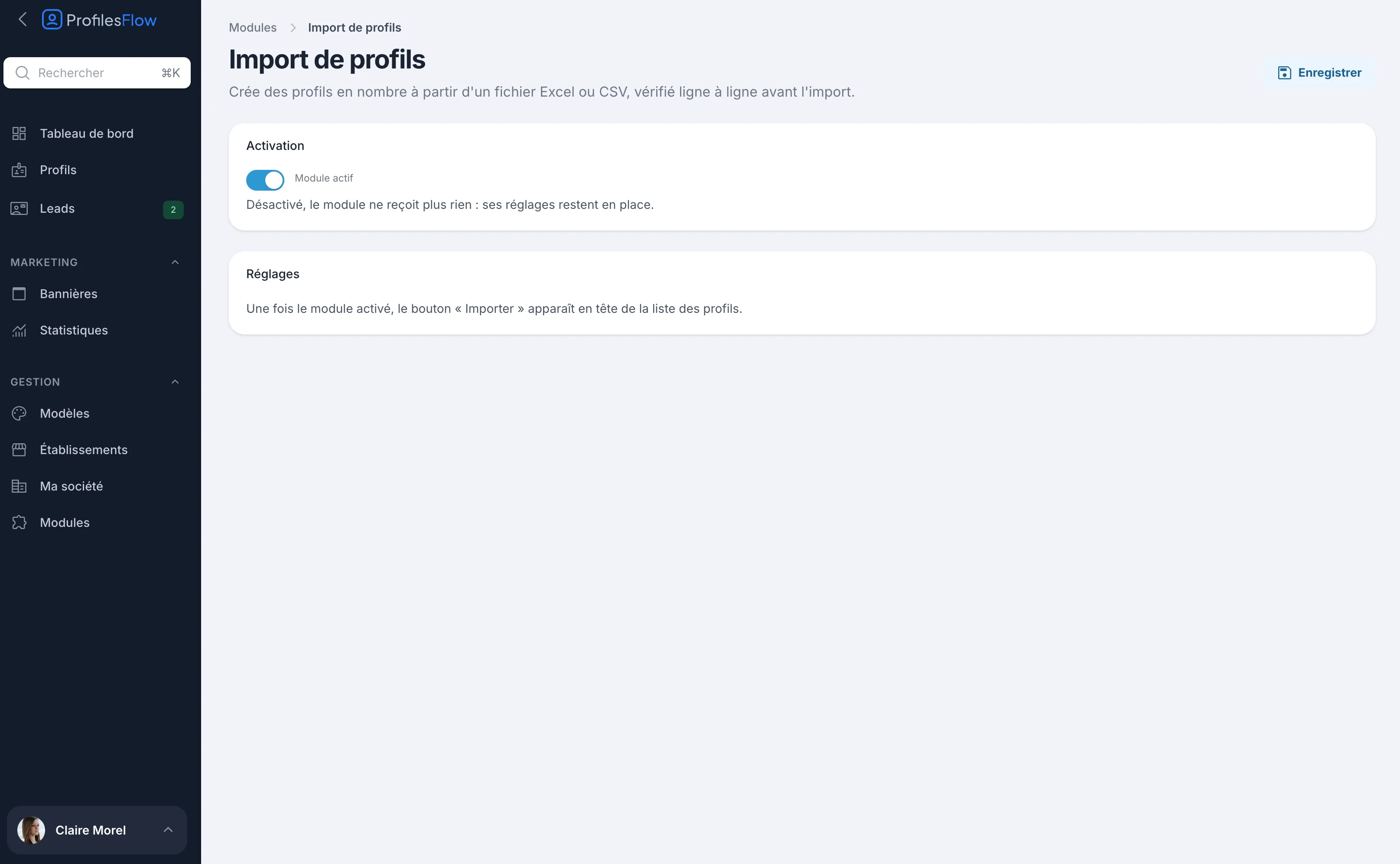 Page du module Import de profils : interrupteur Module actif et rappel des réglages