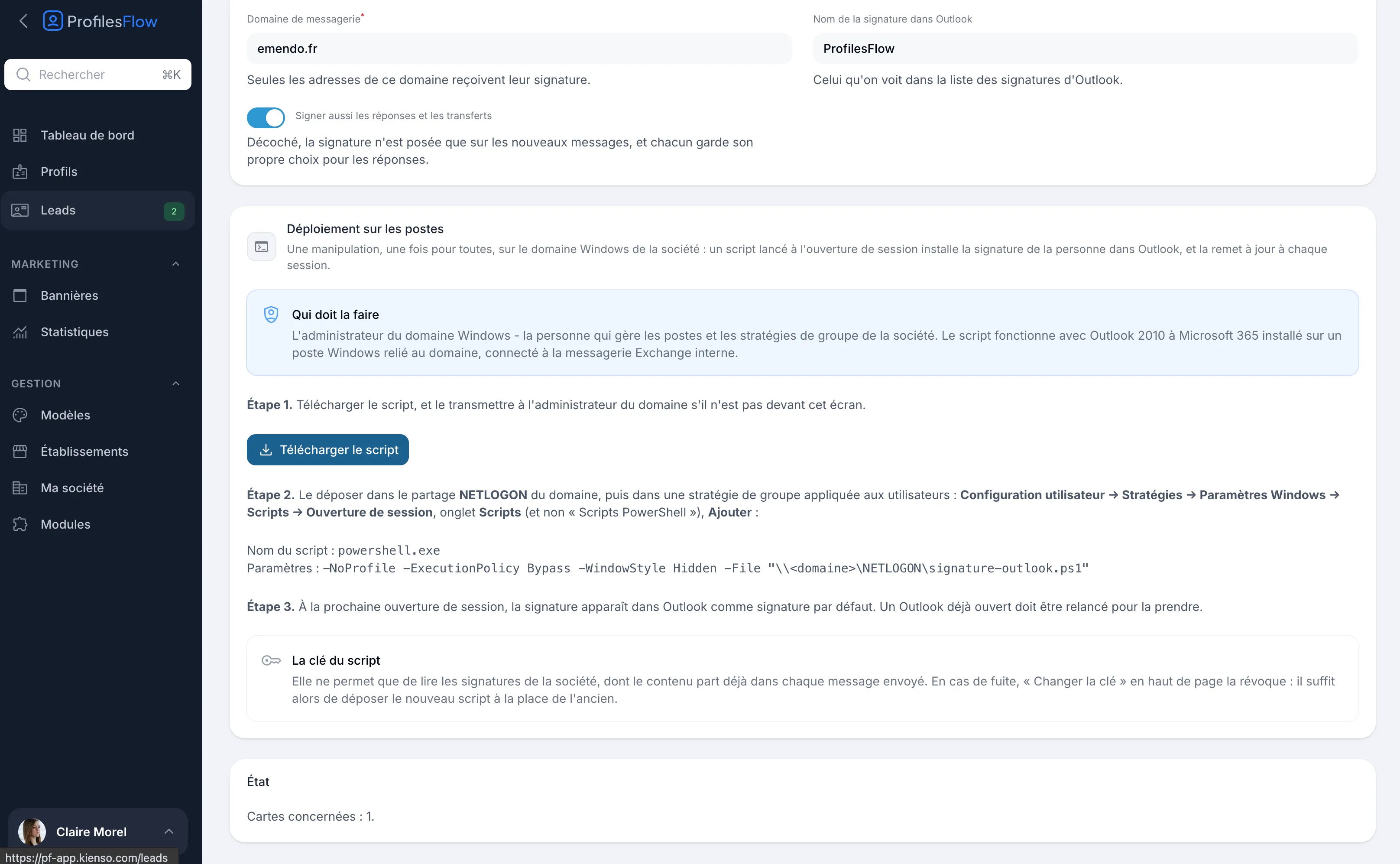 Section Déploiement sur les postes : qui doit la faire, téléchargement du script, chemin de la stratégie de groupe et paramètres