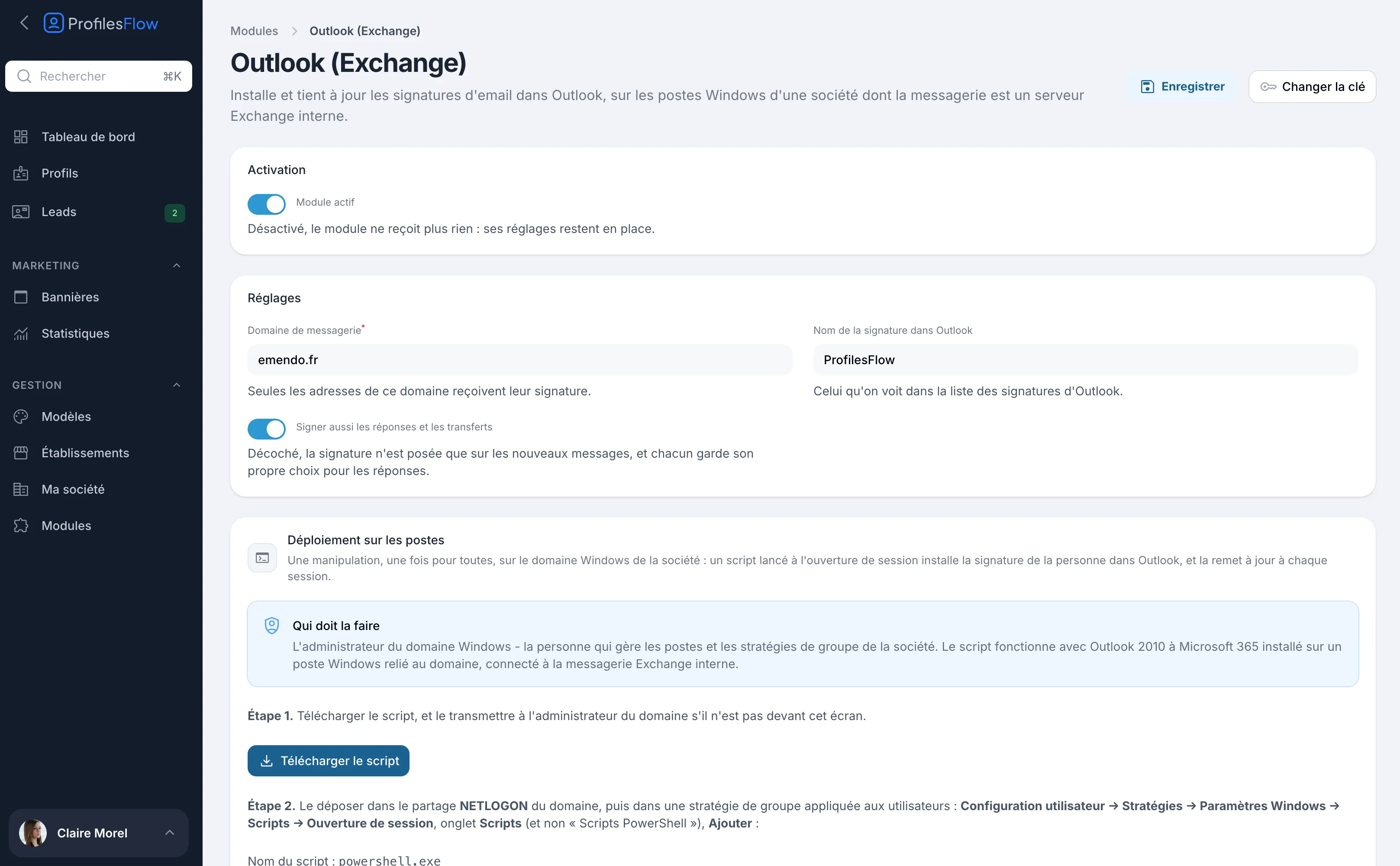 Page du module Outlook (Exchange) : activation, réglages et début de la section Déploiement sur les postes