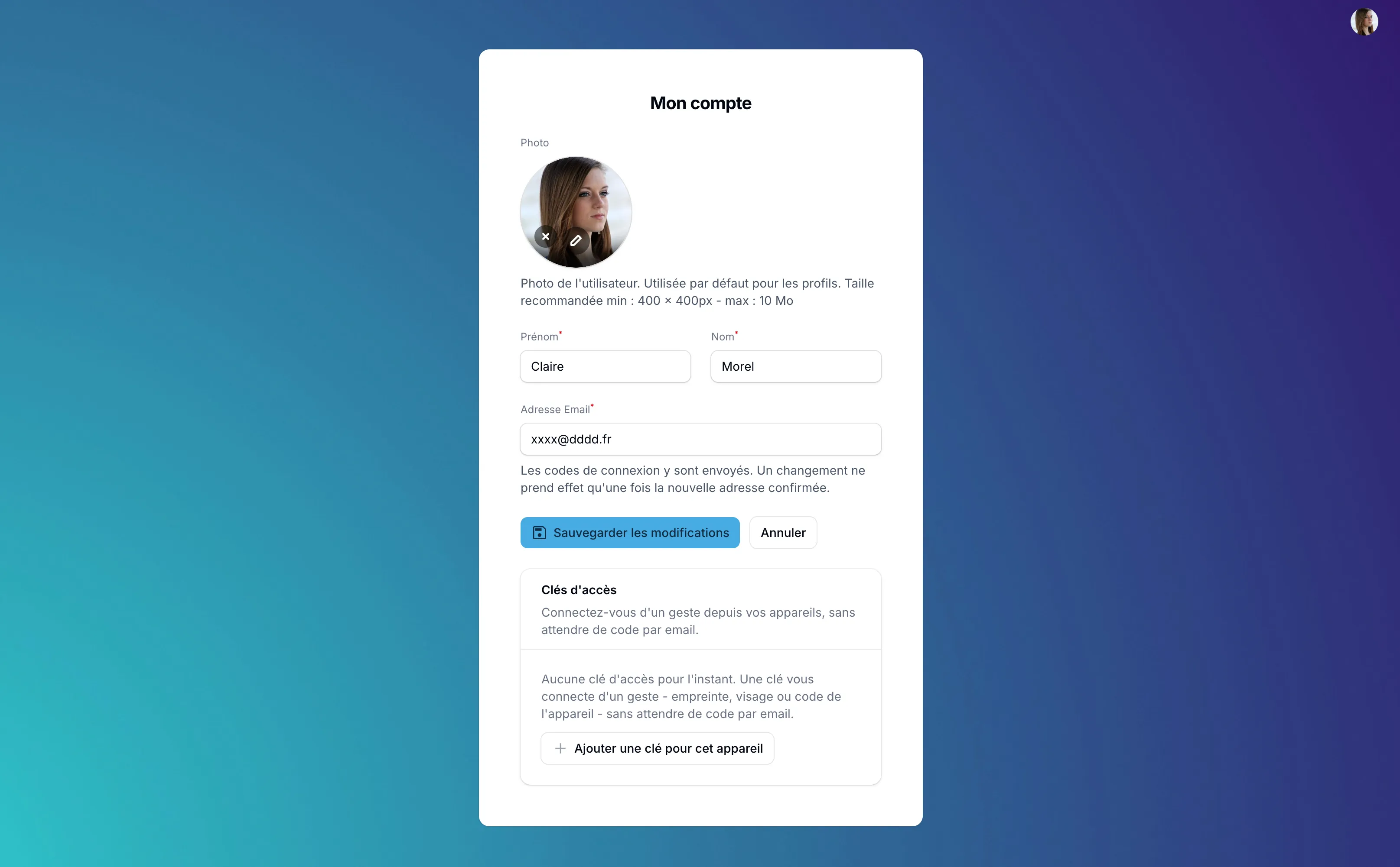 La page Mon compte : photo, prénom, nom, adresse email et clés d'accès