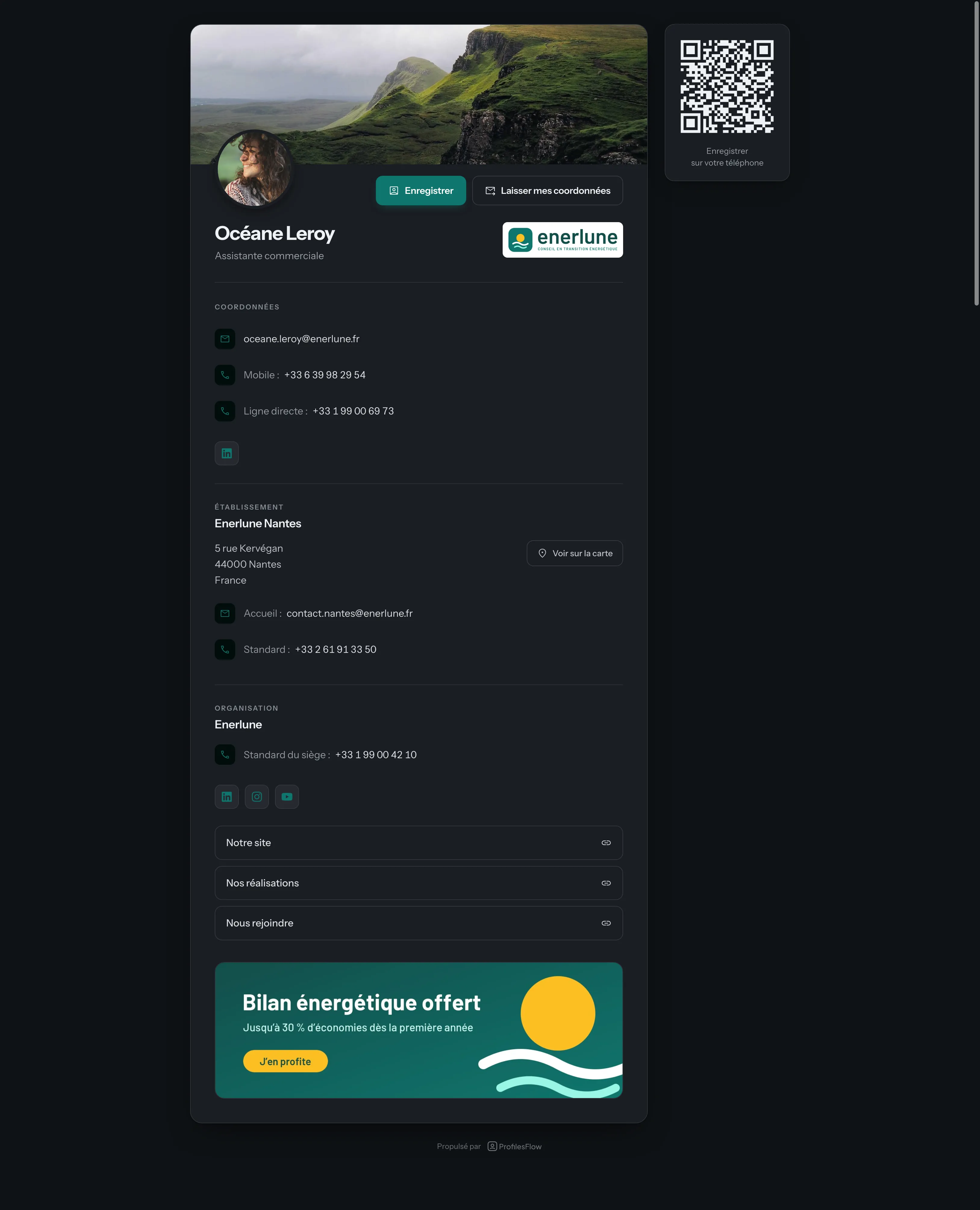Une page de profil publique : coordonnées de la personne, puis blocs Établissement et Organisation