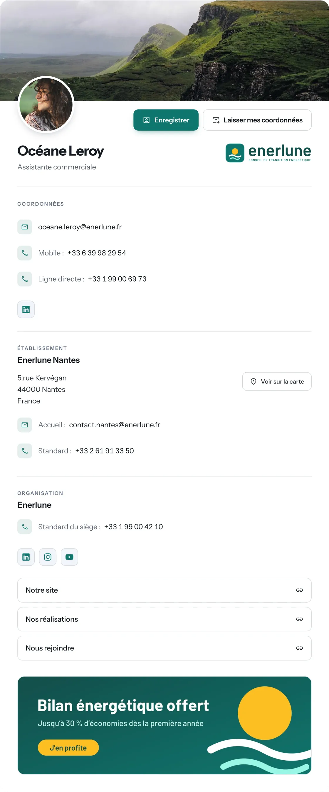 Page de profil d'une collaboratrice, avec ses coordonnées, son agence et une bannière